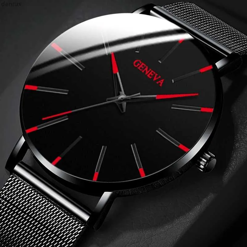 Andere Uhren 2023 Genfer Minimalist Watch Mens Ultra dünn blau Edelstahl Mesh Watch Mens Business und Freizeitquarz Watchl240403