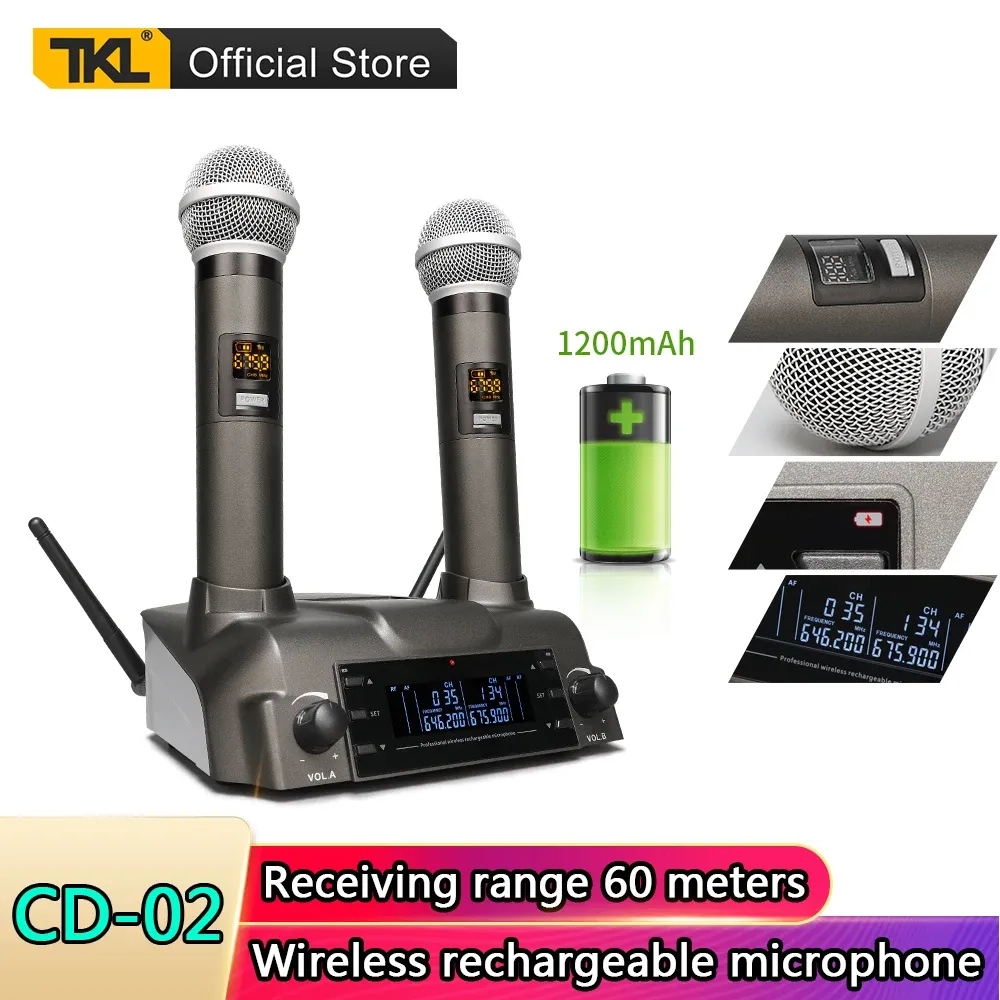 Microfones TKL UHF trådlös mikrofon Automatisk laddningsbar dynamisk handhållen trådlöst mikrofonsystem Karaoke Mic Mottagande intervall 60 m