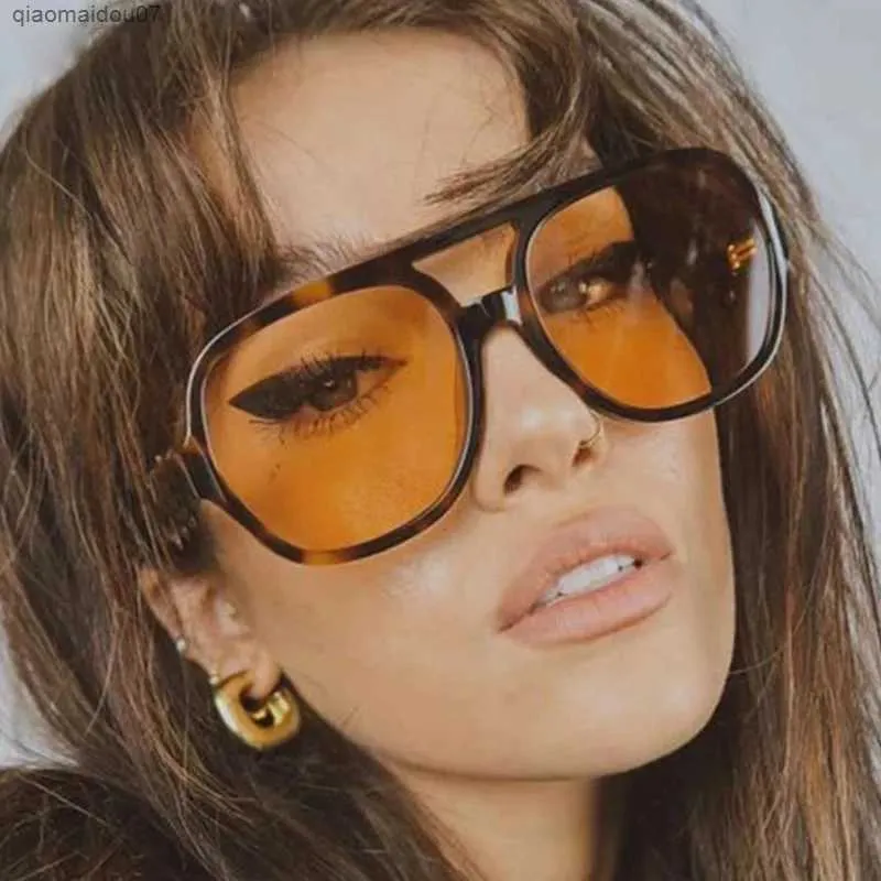 Sunglasses Fashionable pilot oversized sunglasses for women personalized double bridge sunglasses for women retro leopard orange mirrored glassesL2404