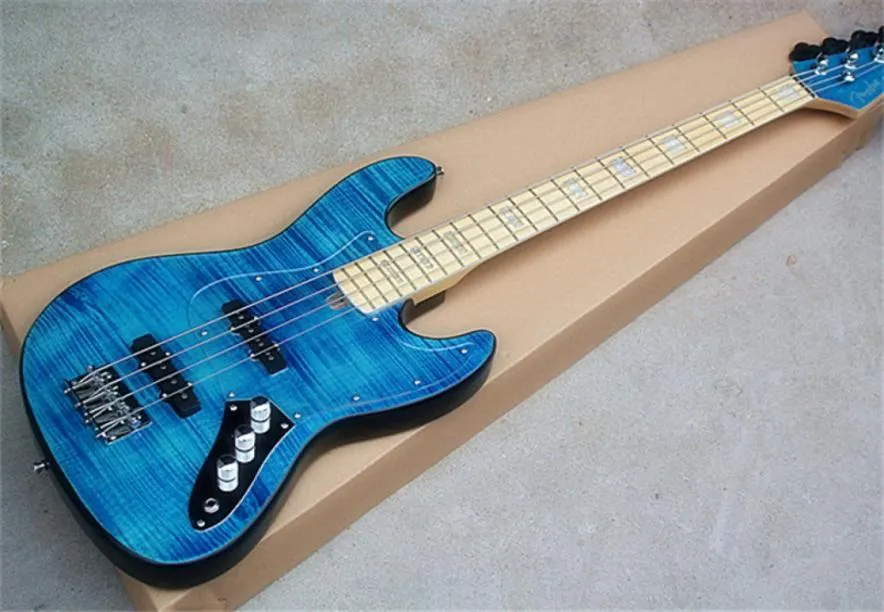 Guitare basse électrique bleue avec pickguard transparent 4 cordes à érable Veneerchrome Hardwares offrez des services personnalisés3434394