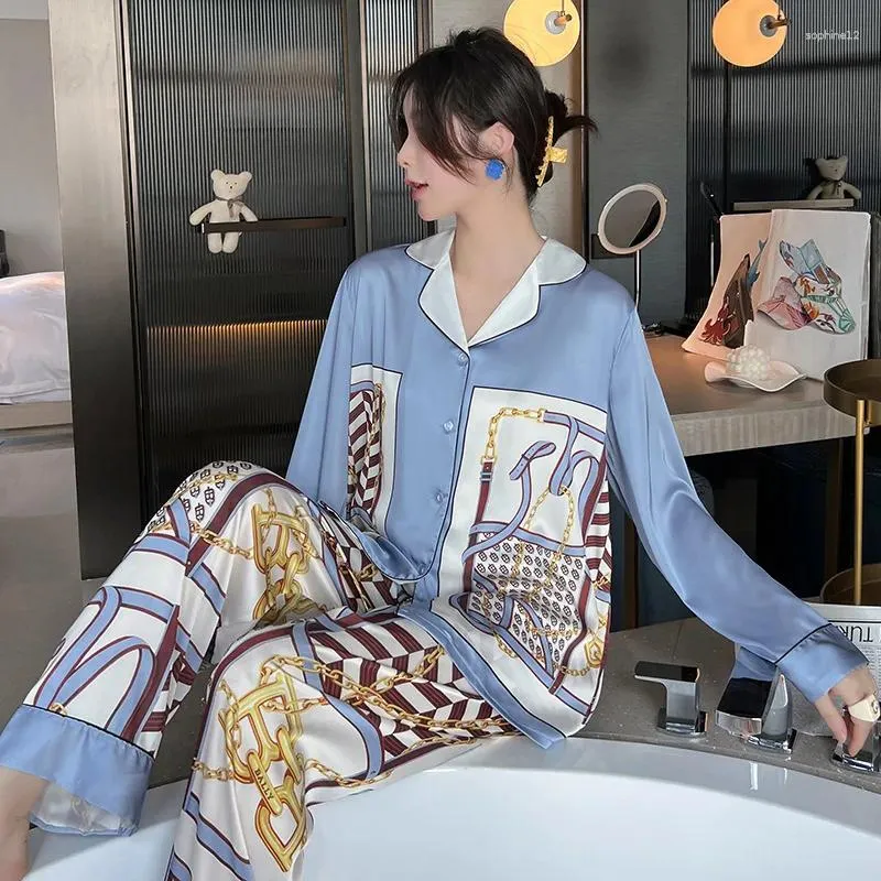 Ev Giyim Mavi Pijama Takım Nightwear Lady Loose Nightgown 2pcs Topspants Saten Uyku Seti Sleepwear Samimi Çamaşırı