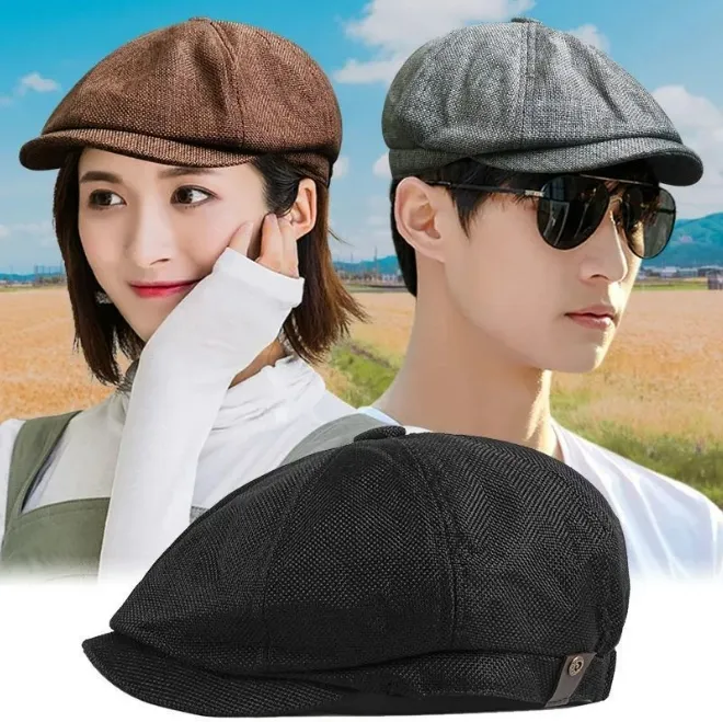 Erkekler için Twill Flat Cap, Balıksırtı Newsboy Caps İngiliz Tarzı Sekizgen Şapka Katı Yeşil Kırmızı Dedektif Kabin Bere Şapkası