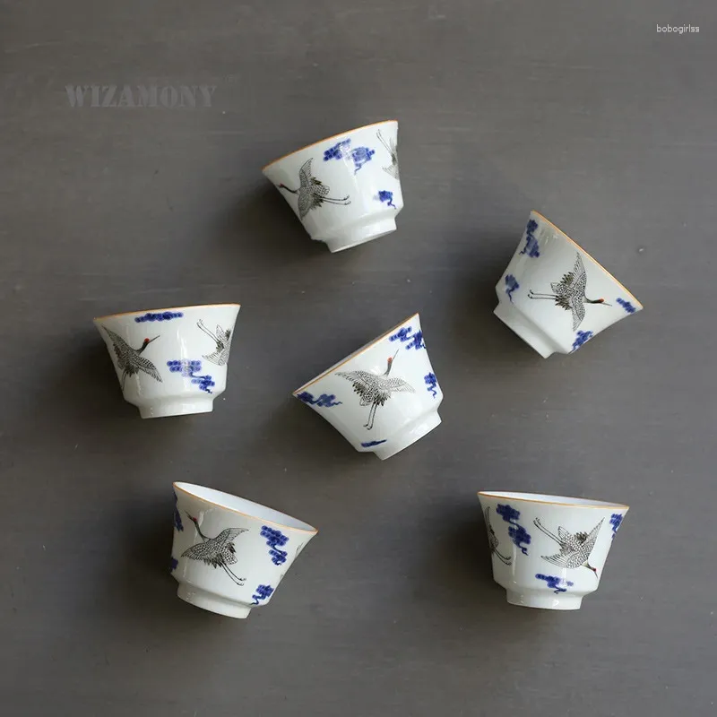 Cups Saucers 6pcs blauw-wit porselein met de inkt hebben een meteorische opkomst thee-theekop keramisch Chinese stijl theekopje huishouden