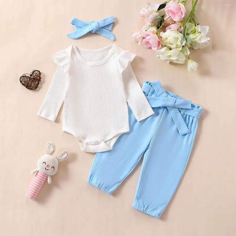 Clothing Sets 0-18M Spring 3Pcs Long Sleeve Baby Girls Clothes Kids Outfits Rib Ruffle Romper Belted Pants Headband Set Infant