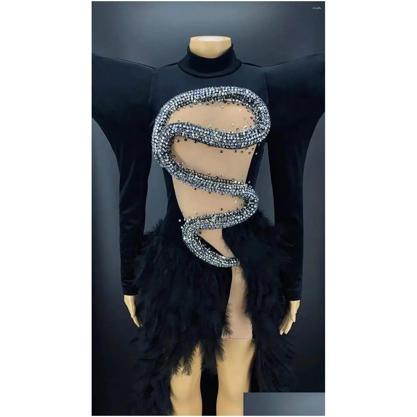 Stage Wear Black And White Shining Snack Rhinestones Veet Coat Y Feather Long Dress For Women Cloth Show Costume Party Drop Delivery A Dhbug