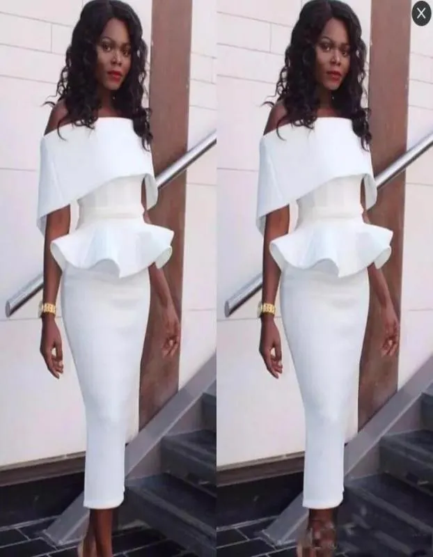 White Elegant Mermaid Cocktail Dresses Tea Length Peplum Ruffles Off Shoulder Evening Party Gown South African Women Wear4629414