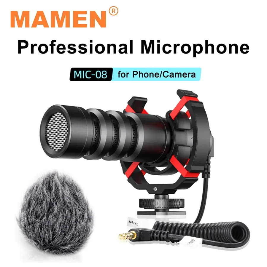 Microfones Mamen Aluminium LEUMICO Microfone de gravação profissional com plugue de cabo de mola e reprodução para o smartphone de câmera Canon Nikon DSLR