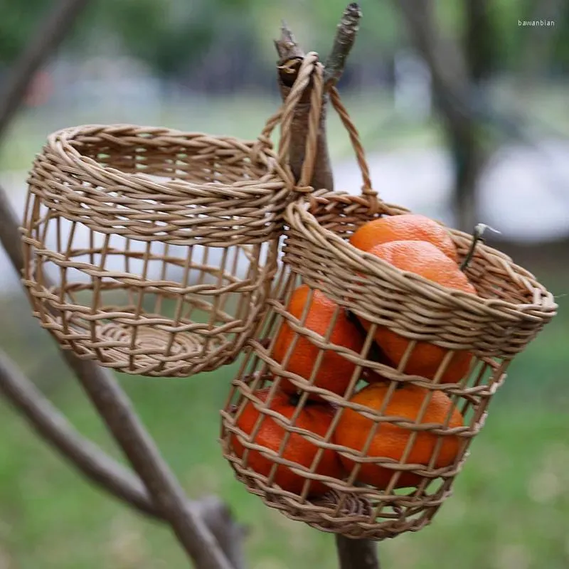 Aufbewahrungstaschen Rattan Webing Küche Ingwer Knoblauchkorb gewebtes hängende Vintage Wandblume Obst