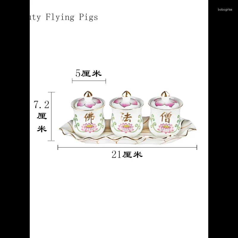 Pucharki Płucniki 1 zestaw ceramicznych potrójnych Buddy Statua Puchar woda z pokrywką oferującą ozdoby feng shui w hali