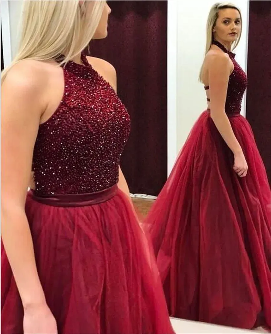 Dresses Modest Aline Tulle Halter Neckline Sleeveless Beads Prom Dress Crystals Top Burgundy Long Evening Dress Open Back Formal Dress