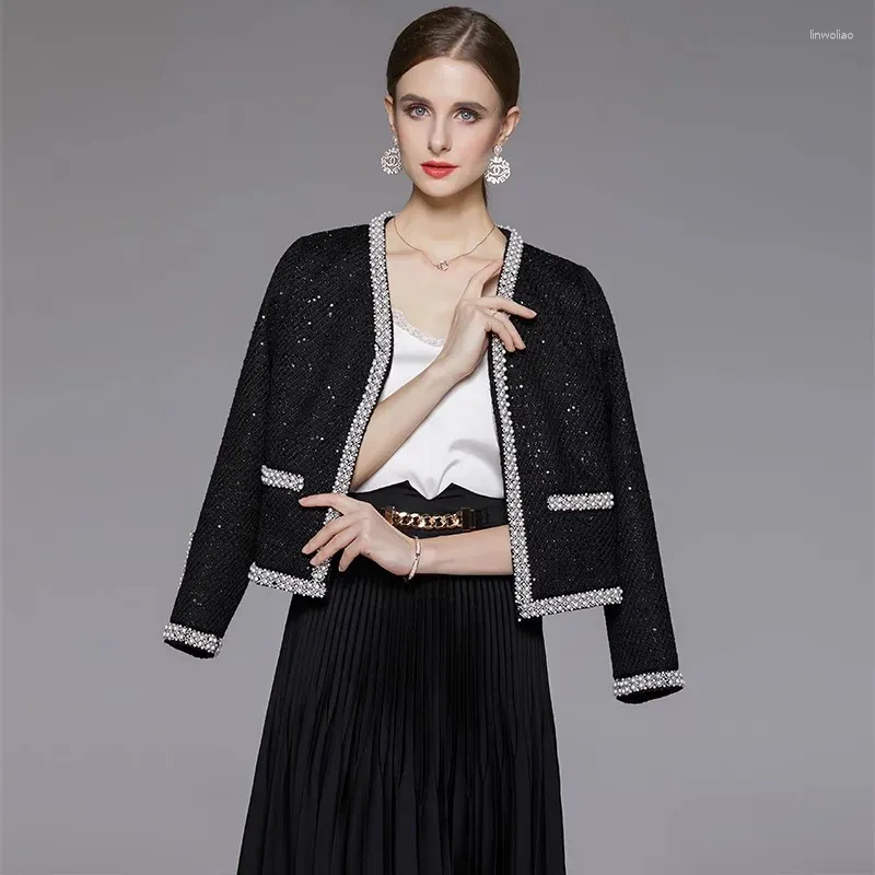 Women's Jackets Autumn Winter Luxury Beaded Tweed Jacket Retro Fashion Sequined Long Sleeved Female Black Wool Coat Outwear