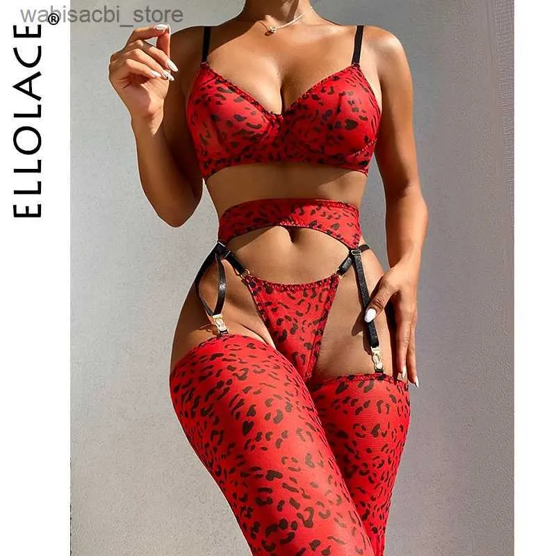 Set sexy set ellolace leopardo lingerie per donne in pizzo set di biancheria intima con calze a 4 pezzi perizoni erotici giarrettiera abbinata abbinata l2447