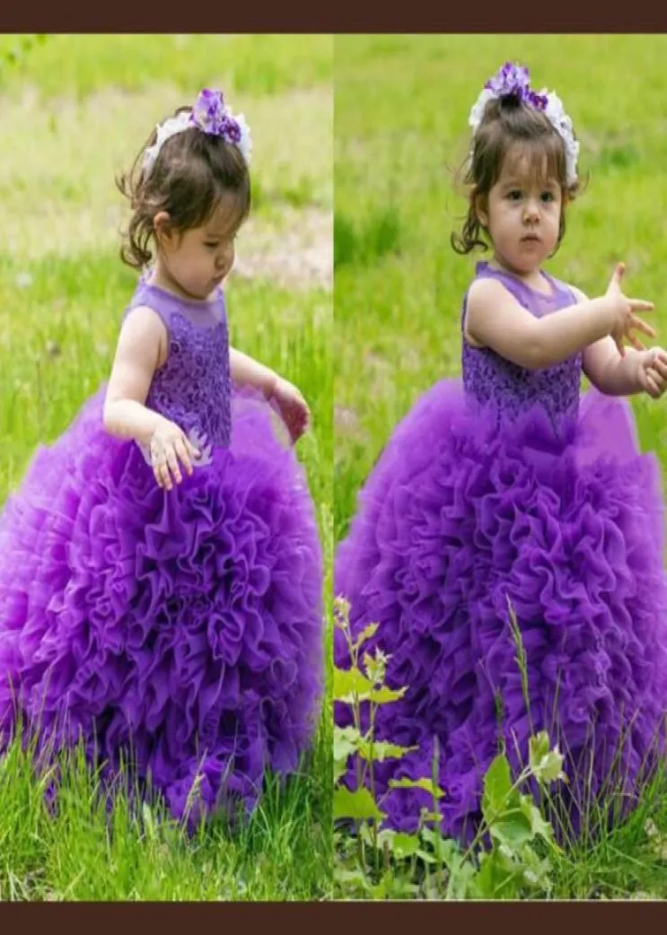 Tutu Purple Flower Girls Dresses For Wedding Sheer Neckline Ruffles Organza First Communion Dress Ball Gowns Cute Baby Birthday Pa5775674