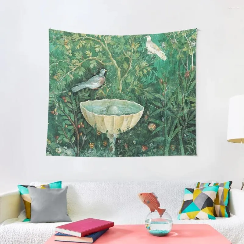 Tapestries Pompeii Collection Little Birds Doves en Fountainin Garden Green Floral Tapestry