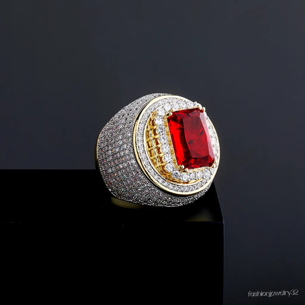 Högkvalitativa riktiga kopparringar Glänsande Micro Diamond Ruby Red Gemstone Punk Finger Jewelry For Men Hip Hop Rock Accessories Bijoux Storlek 7-11