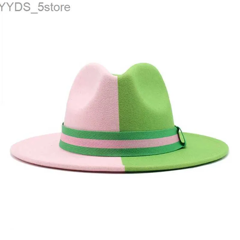 Wide Brim Hats Bucket Patchwork Fedora Hat Colorful Two tone Unisex Mens Panama Green Pink British Style Trilby Party Official yq240407