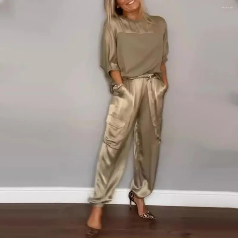 Women's Two Piece Pants Spring Summer Fashion Solid Color Satin Set Women Round Neck Long Sleeved Top Casual Loose