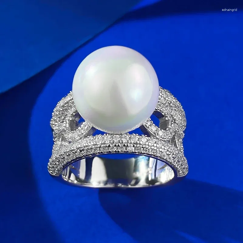 Anillos de clúster S925 Plata 12 mm Big Pearl For Women Diamond Cz Ring Cocktail Fiesta Accesorios de joyería Fina Aniversario de aniversario