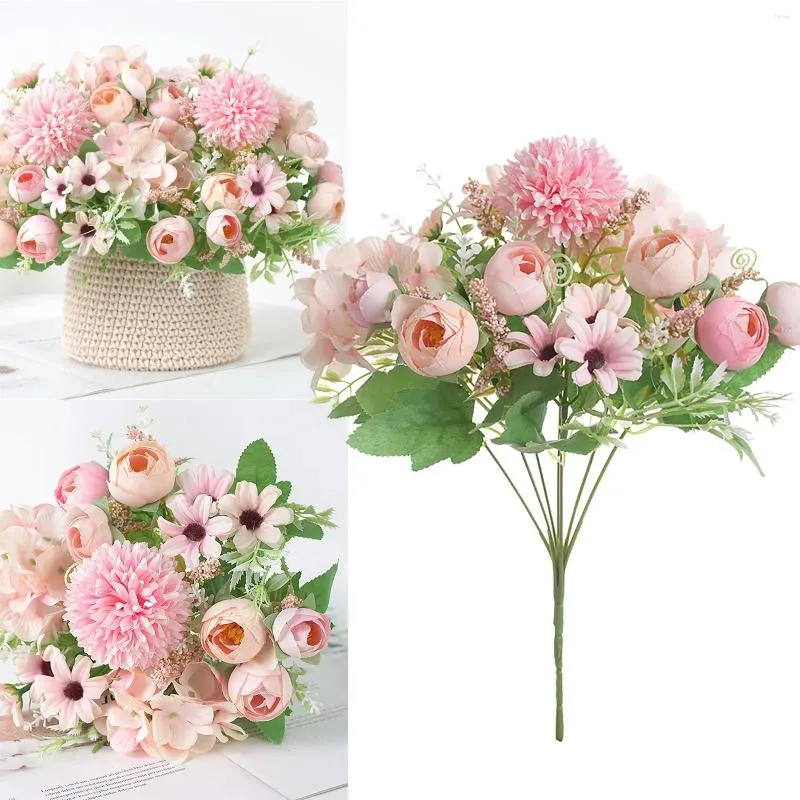 Decoratieve bloemen Kunstmatige zijde Rose pioenroos kleine maisy hydrangea boeket arrangementen bruiloft decoratie decor