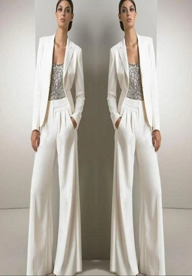 2018 White Three Piece Mother of the Bride Pant Suits na srebrną cekinową sukienkę dla gości weselnych z kurtkami Plus1728143