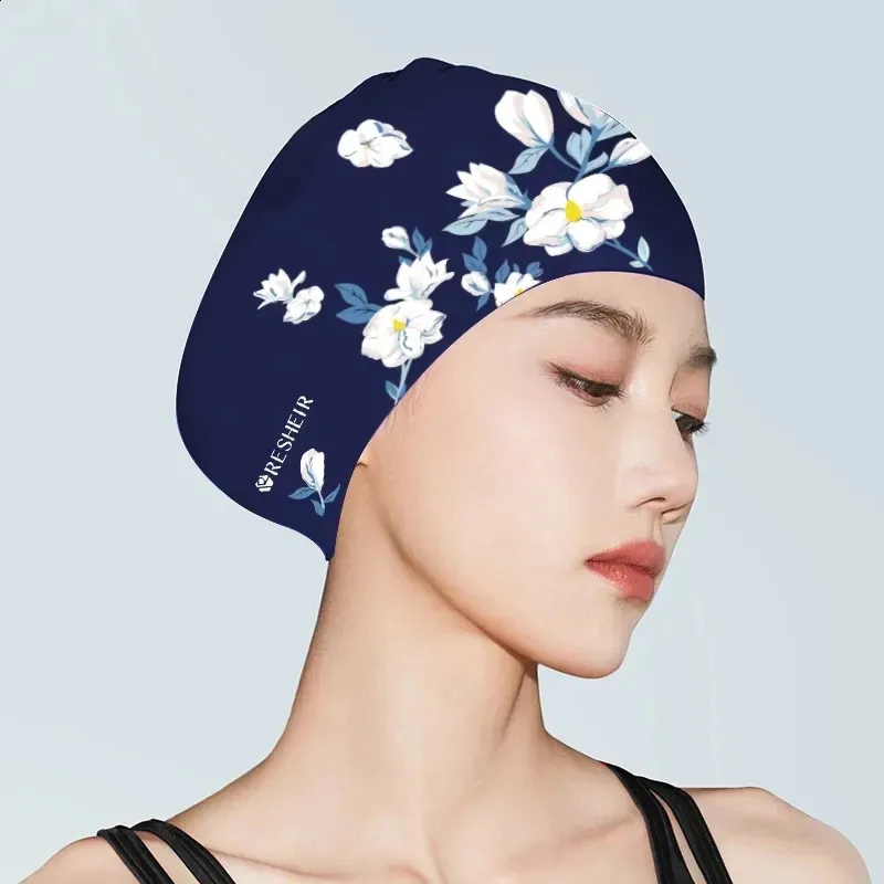 Versione allargata tappo da nuoto in silicone femmina impermeabile non strangolando le orecchie per capelli lunghi nuotare donne fiore stampata 240403