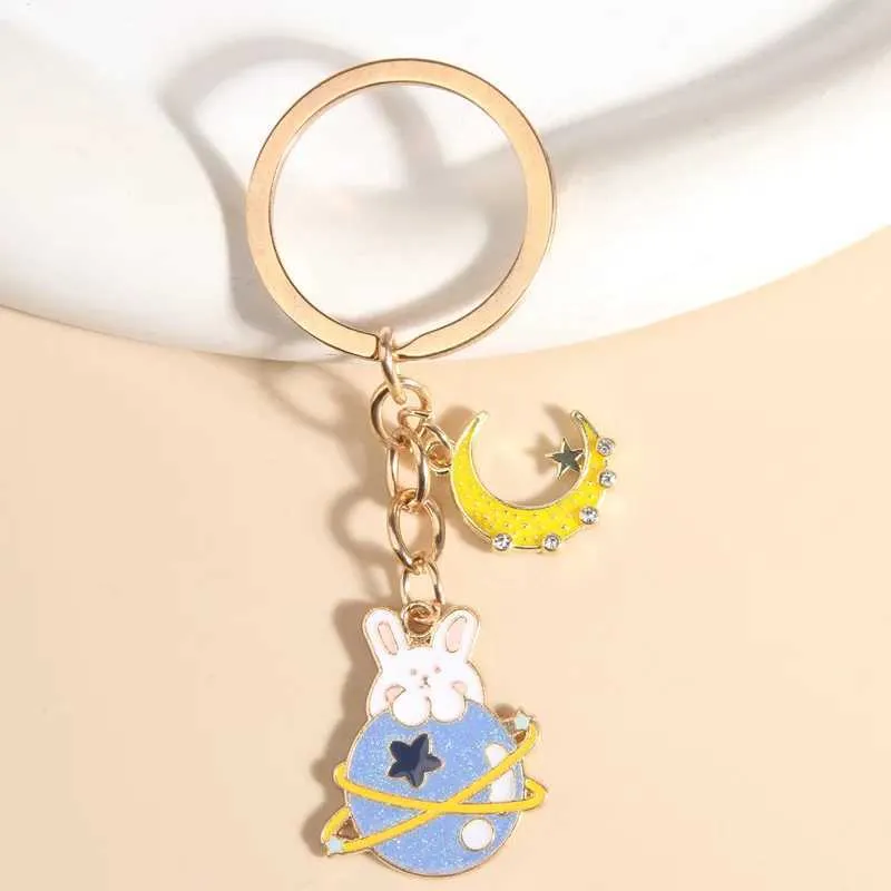 Keychains Lonyards mignon en émail porte-clés de lapin planète star anneaux clés d'amitié animal cadeau pour les filles bricolage bijoux faits à la main Q240403