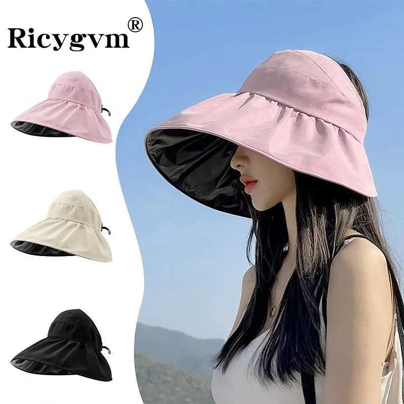 Breda randen hattar hink hattar sommar kvinnor svart vinyl solskade hatt kvinnor utomhus strand uv skydd andas hatt kvinnliga fällbara ihåliga solskydd hatt q240403