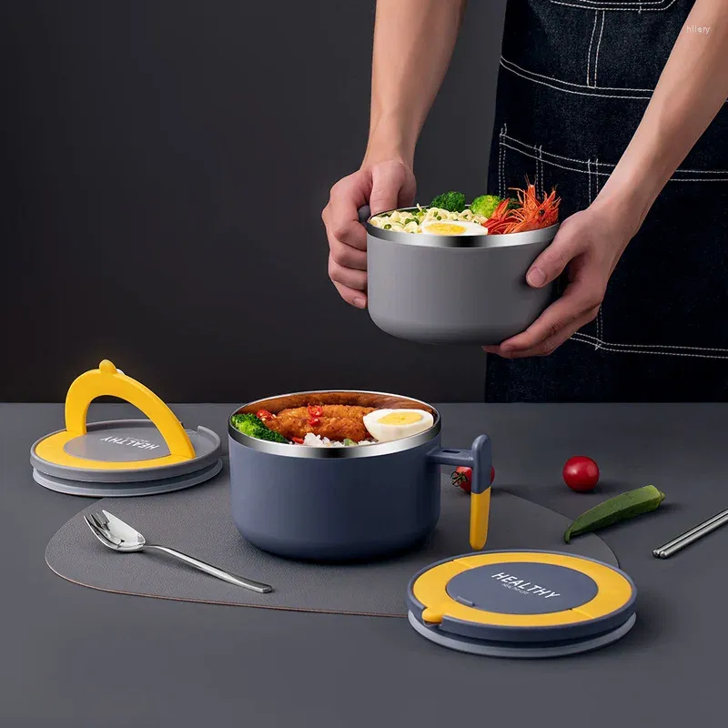 Servis 304 Rostfritt stål Instant Bowl-student isolerad dubbelskikts lunchboxkontor Portable Bubble Noodle Cup med lock