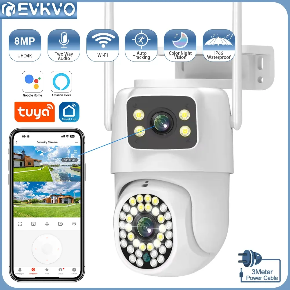 Câmeras Evkvo 4K 8MP Lente Dual Ptz Câmera Wi -Fi Screen Dual AI Rastreamento humano Câmera de vigilância de vídeo de segurança ao ar livre Tuya Alexa