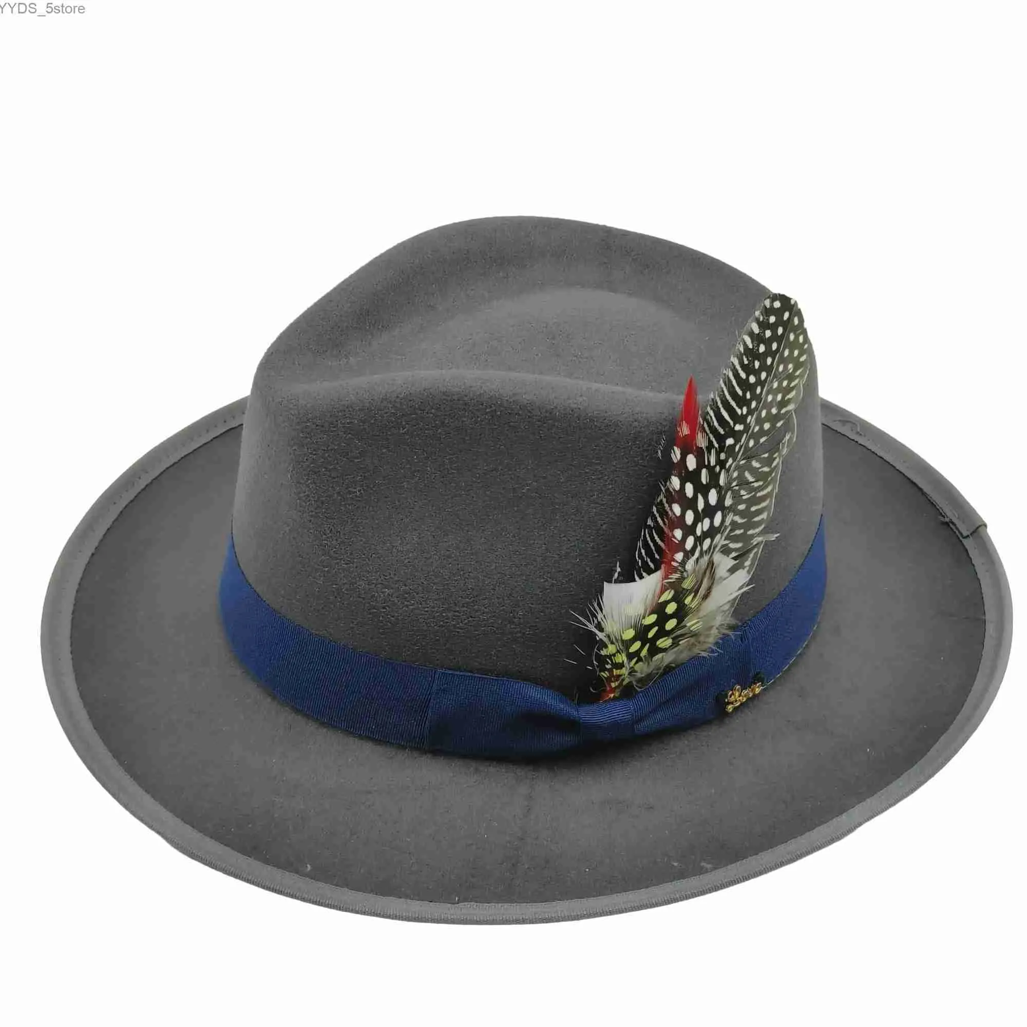 Breda breim hattar hink fjäder trilby krökta takfot klassiska fedora hatt herrar hamburgare båge vintage vinter och hösten sombrero hombre yq240407