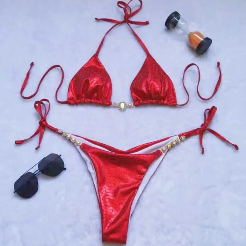 Costumi da bagno femminile rosso sexy bikini costume da bagno rhinestone costume da bagno femminile push ups brasiliano bikini da bagno in bikini costume da bagno j240403