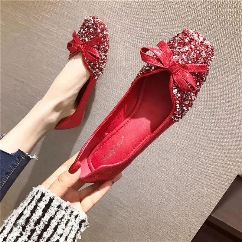 Casual Shoes Sltnx 2024 Four Seasons Wedding Korean Sequined Red Flat-Bottomed Square Head Plus Size Women's