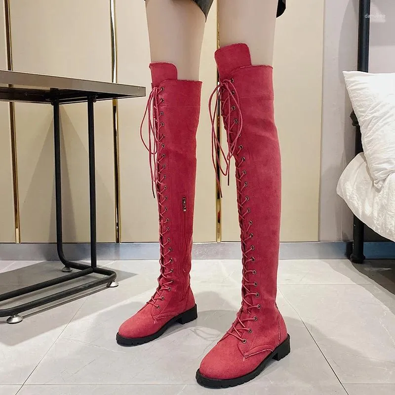 Bottes sexy lacets sur le genou femmes chaussures appartements femme talon carré zipper troupeau botas hiver cuisse haut big 43