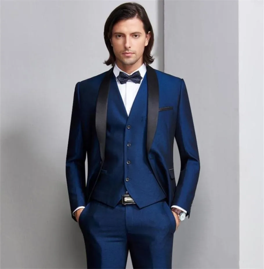 NEU NEIN Blue Männer Hochzeitsanzüge schwarzer Satin -Schal -Revers -Bräutigam Smoking 3 -teilige Jacktierpantsvest Groomsman Suits Mann Blazer 559956895
