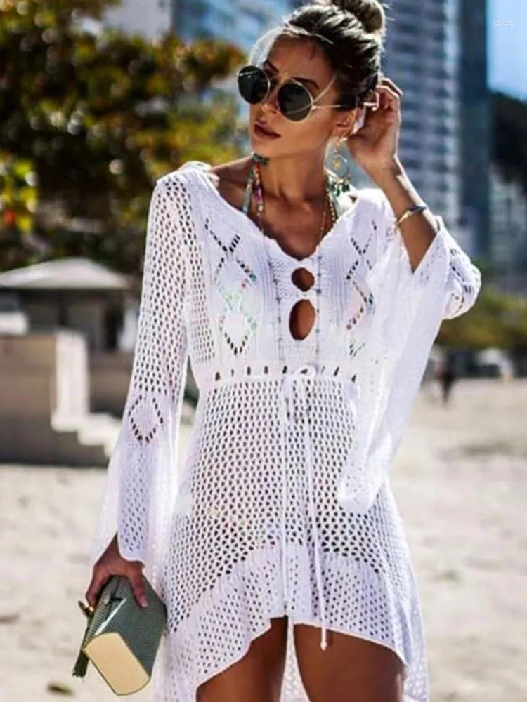 Summer Women Beachwear Sexy White Crochet Tunic Beach Wrap Dress Woman Badkläder Baddräkt Cover-Ups Bikini Cover Up Q719