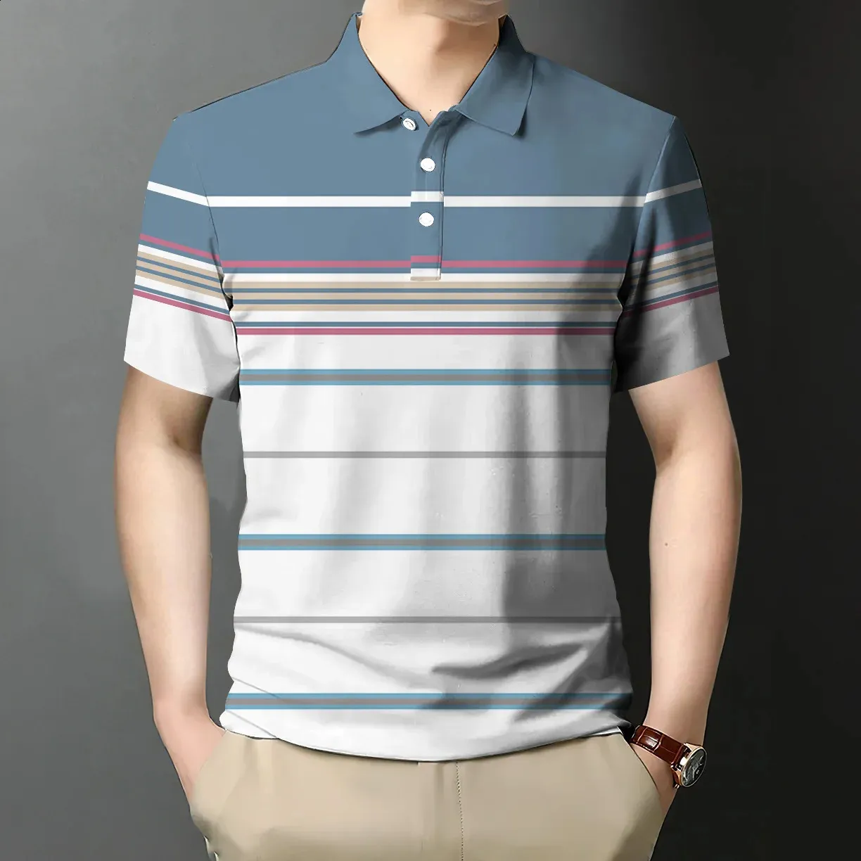 Summer Fashion Mens Polo Shirt Striped Print T Buttons Short Sleeve Vintage Clothing Oversized Streetwear Casual Golf Top 240403
