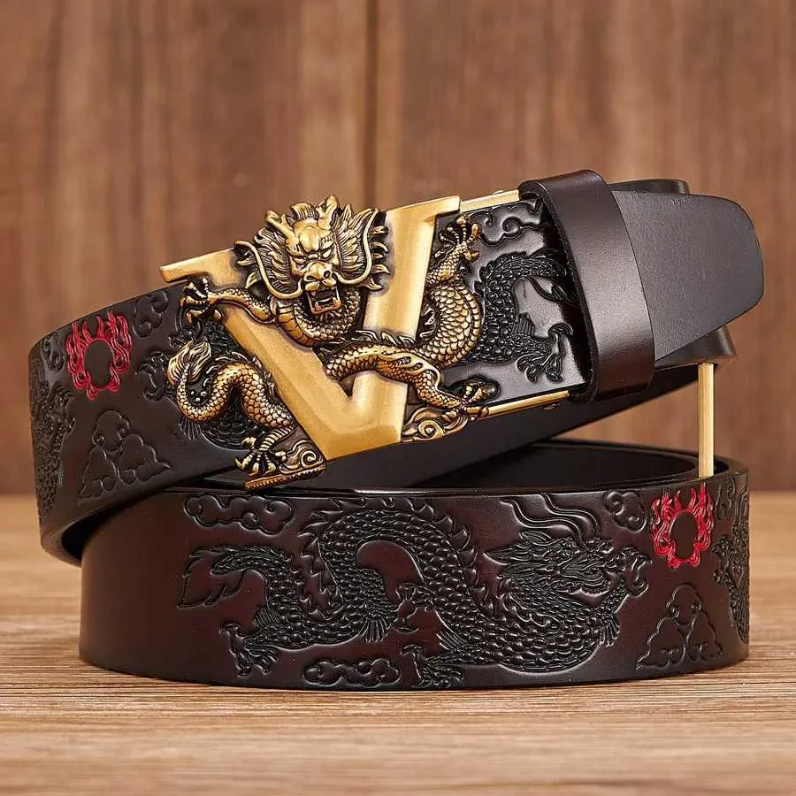 Belts Mens Chinese Loong belt cowhide mens real belt carved dragon pattern automatic buckleC420407