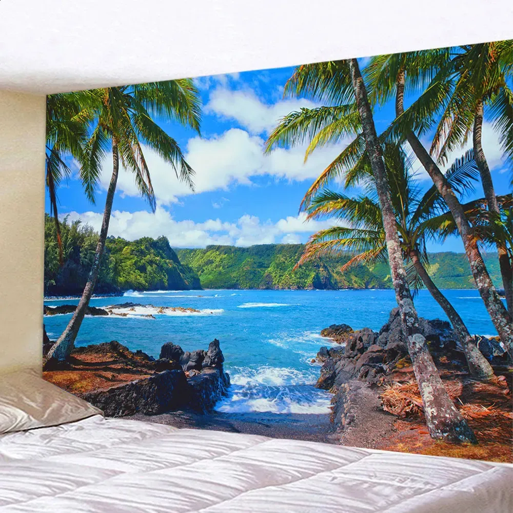 Nature Sea Landscape Tapestry Seaside Coconut Tree Wall Hanging Decorative Art Ocean Beach Tapestry Home Decor Backdrop Tak 240321