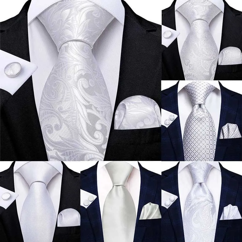 Krawaty szyi 2024 Nowe męskie krawat białe kwiaty Hanky ​​Mankiety ustawione na męskie przyjęcie weselne biznes męski marka mody hi tiec240407