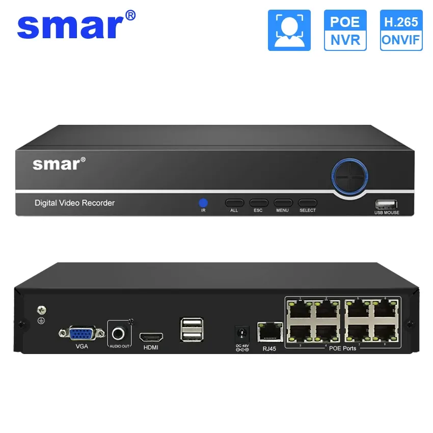 Registratore SMAR H.265+ 8CH 4MP POE NVR per la protezione della sicurezza Kit di sistema di telecamera CCTV Video registratore NVR Surveillance Recorder onVif XMeye