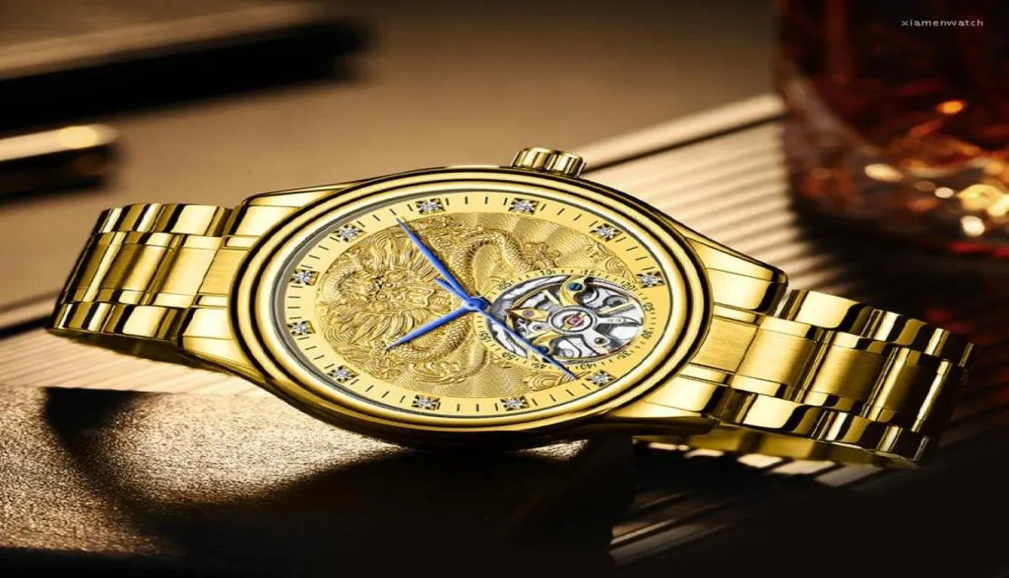 Avanadores de pulso fngeen Mens Top Luxo Goldwatch Wristwatch impermeável Relógios mecânicos automáticos Dragon Diamond Tourbillon relógio Relogi1825113