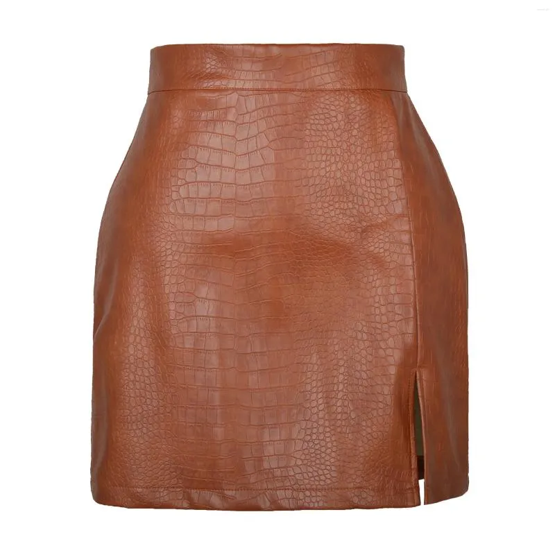Skirts 2024 In Split PU Leather Skirt For Women High Waist Crocodile Pattern Black Office Lady Club Sexy Bodycon Mini