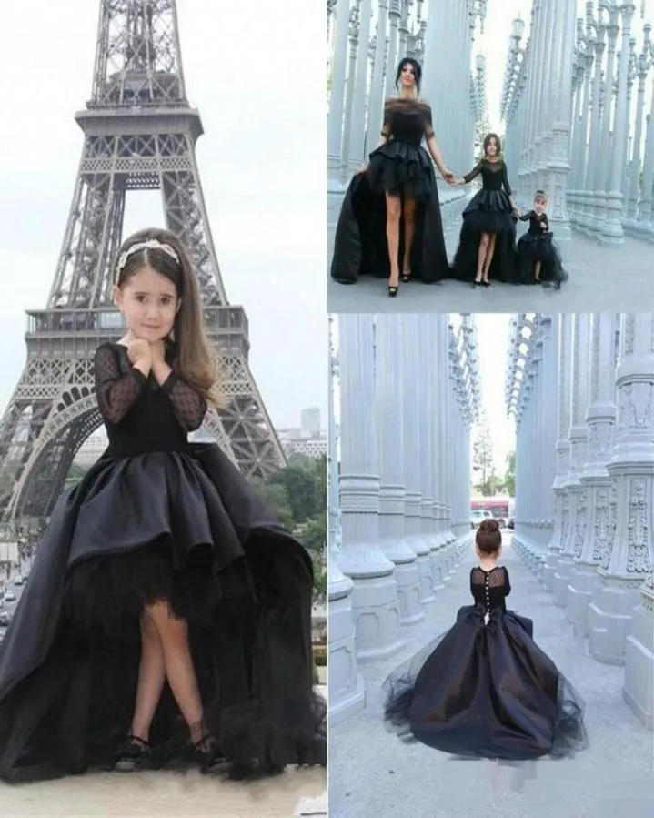 2019 Nouvelles robes de concours noires pour filles manches longues en cascade brio-plies sur mesure de bijoux de bijoux junior robes de concours junior3693712