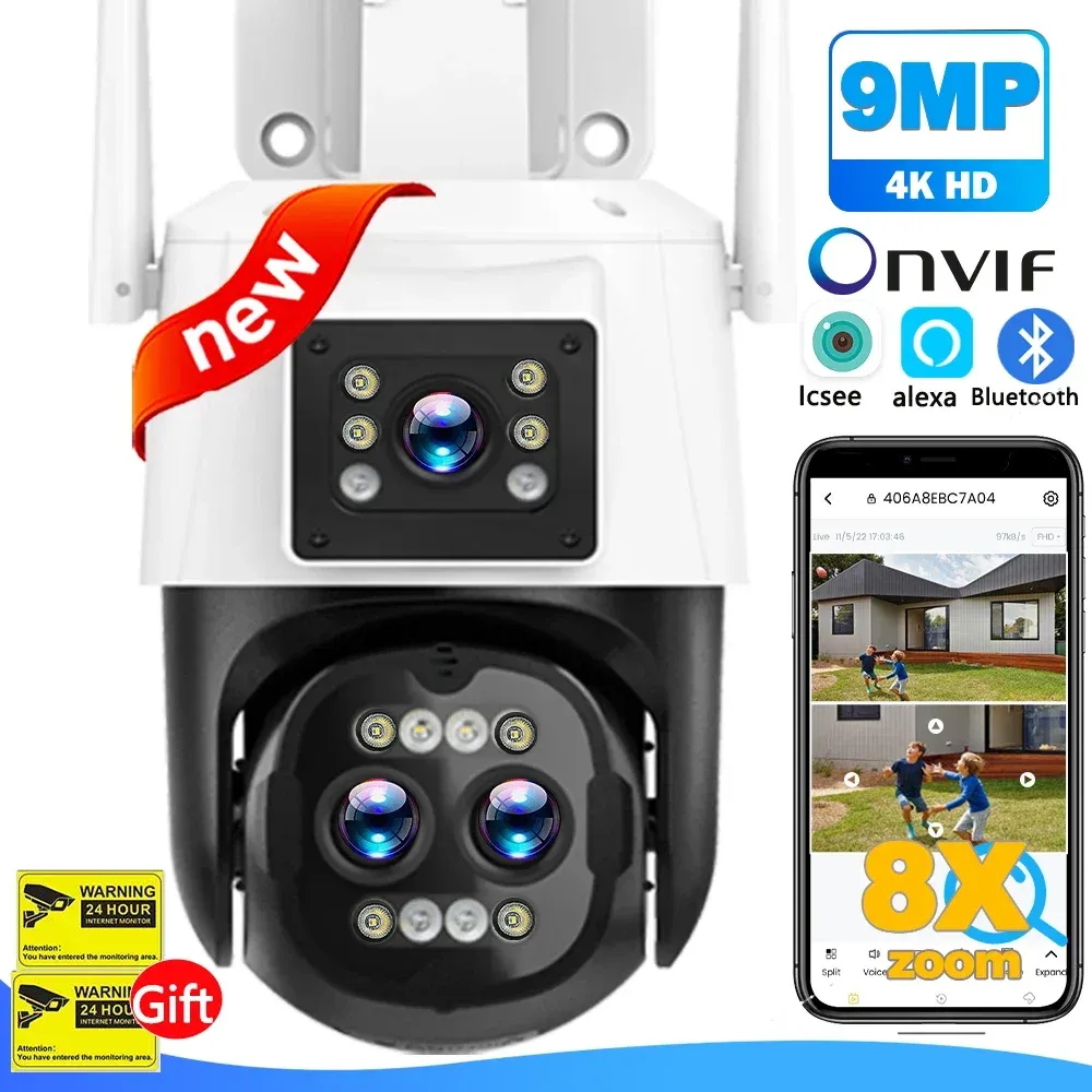 Cameras 9MP 5K WiFi IP Camera Outdoor 8x Zoom Three Lens Double écran Home Security Caméra Auto Tracking Mini CCTV WiFi Surveillance 8MP