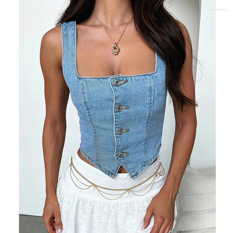 Kvinnors tankar denim tank tops smal fit fyrkantig hals rygglös rygg shirred ärmlös knapp ner grödparty klubbkläder natt