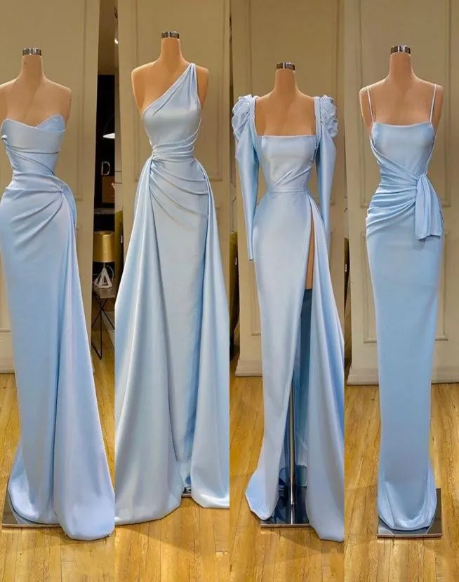 2021 afrikanische sexy Brautjungfernkleider hellblaues Schedien Mermaid Plus Size Long Satin Split Maid of Ehren Hochzeit Gastkleid gemischt 5369105