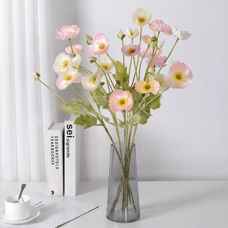 Dekorative Blumen künstliche Blumen Seiden Mohn 4 Köpfe Arrangement Real Touch Fake Home Wohnzimmer Desktop Dekor Simulation