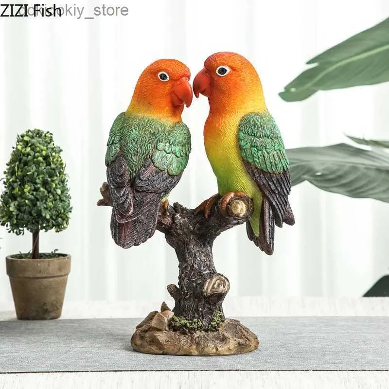 Arts and Crafts Creative Love Bird Couples Simulation Animal Sculpture Bird Statue Color Parrot Home Craft Decoration Animal Fiures AccessoriesL2447