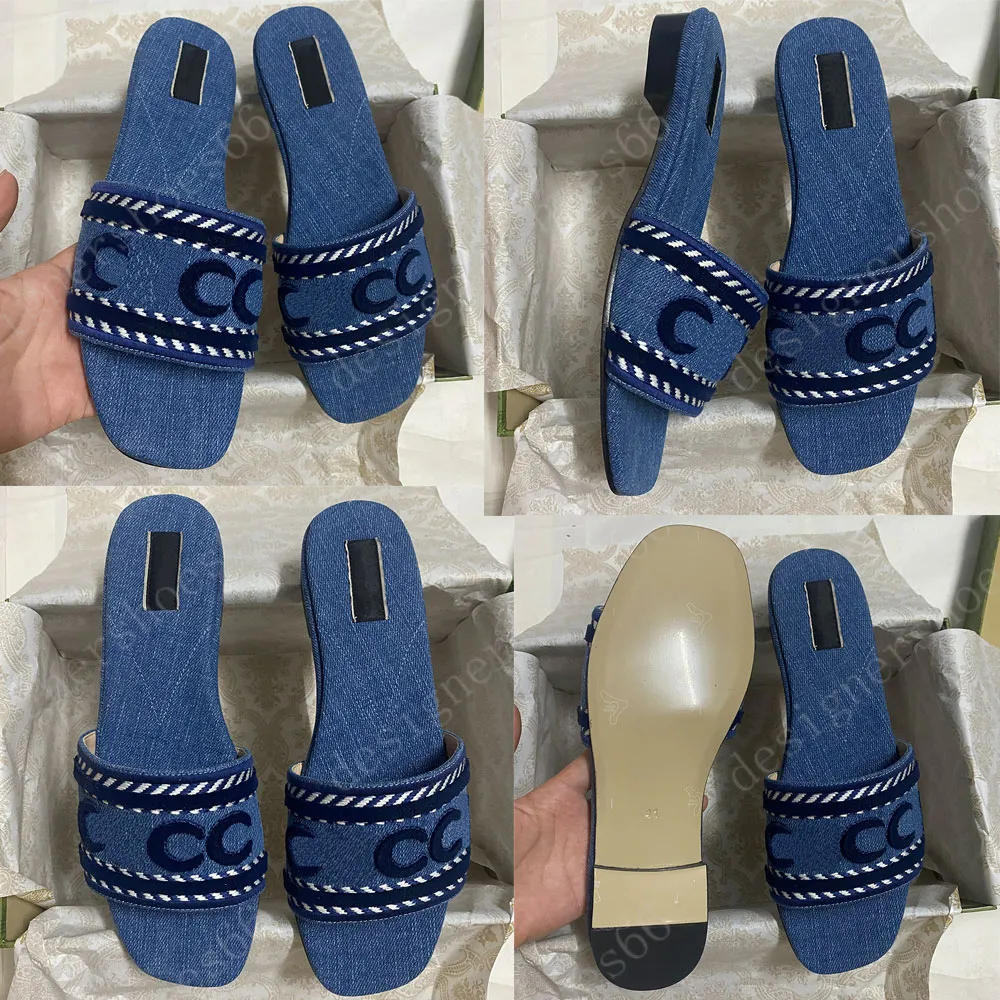 Scrip ile Bayan Slayt Sandal 771589 Açık Mavi Denim Sandalet Denim Slayt İşlemeli Slaytlar Düz Slayt Retro Sandal Lüks Sandalet Seyahat Sandalet Büyük Boyut 35 43