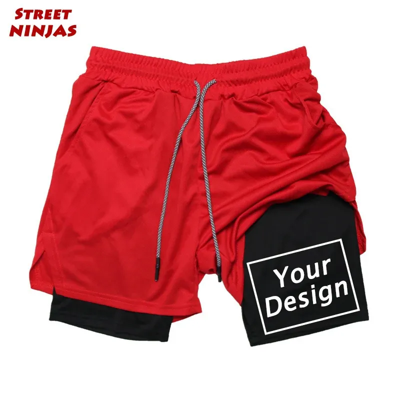 Custom Printing 2 in 1 Sports -Fitness -Shorts für Männer Performance -Komprimierung mit Tasche Schnell trockener Stretch -Workout Fitness 240323